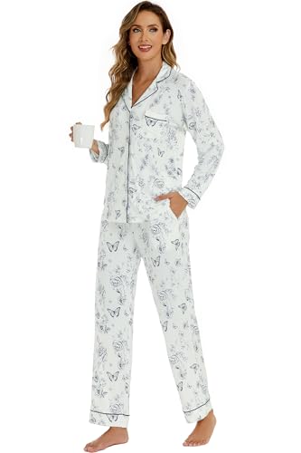Image of LUBOT Womens Bamboo Viscose Pajamas Set 2 Piece PJs Set for Women Buttery Soft Button-Down Long Sleeve Cozy Printed Sleepwear Loungewear (Butterfly, S)