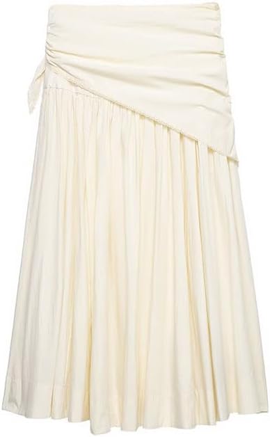 Women's Cream Knotted Wrap Midi Skirt, High Waist Flowy A-Line Casual Summer Skirt