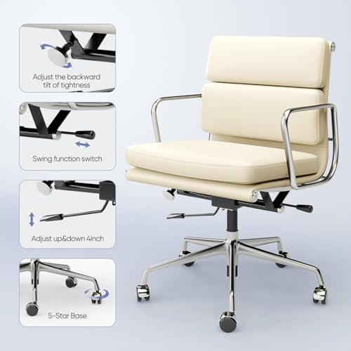 Image of Mid-Back Executive Genuine Leather Office Chair, with Aluminum Arms and 5-Star Base, Modern Rolling Desk Chair with Silent Wheels, Lumbar Support, High-Adjustable, Tilting for Home & Office