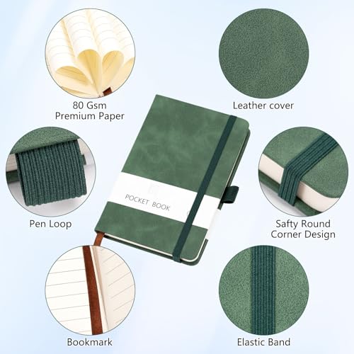 Bafiwu Mini Notizbuch, 2 Stück Notizheft A6, 9,5 cm x 14,5 Notitzbuch Klein, Mitstifthalter Grün PU Notizbuch Leder, zum Notieren Einkaufszettel, für to do Liste Block, Arbeit Notizbücher (Grün)