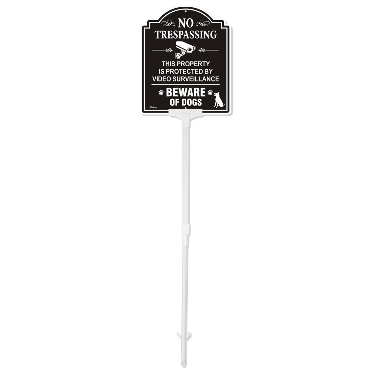 Beware of Dog Sign for Fence with 36 Inches Stake No Trespassing This Property is Protected by Video Surveillance Aluminum Sign Weatherproof Easy to