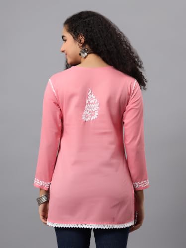 Image of Seva Chikan Hand Embroidered Lucknowi Chikankari Cotton Short Top Tunic for Women SCL9017