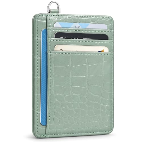 Image of Coco Rossi Crocodile Wallet Women Slim Credit Card Holder with Keychain | Luxury Wallets, Alligator Print, RFID Blocking, ID Case, Small Minimalist, Womens Girls Gift, Light Green Croc
