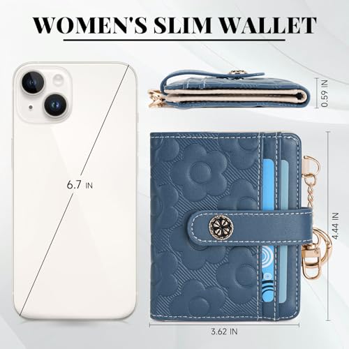 Image of RFID Wallet Women,Slim Small Wallets Embossed Flower Leather Bifold Compact Ladies Girls Wallet with Credit Card Holder Zipper Coin Pocket Peacock Blue