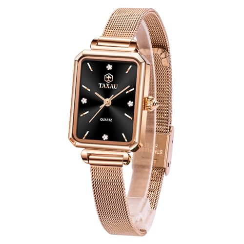 Taxau Rose Gold Square Watches for Women Luxury Diamond Women Watch Analog Quartz Stainless Steel Women's Wrist Watches Waterproof Business Dress with Black Face Casual Ladies Watch
