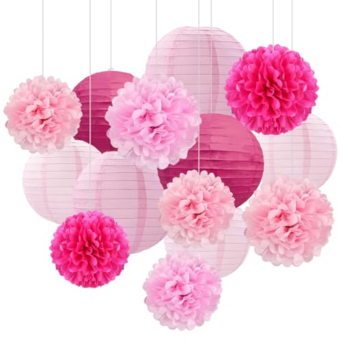 Image of 18 PCS Pink Paper Lanterns & Tissue Paper Pom Poms for Girls Birthday, Baby Shower, Wedding, Bridal Shower, Hanging Paper Decor, Party Decoration Set for Indoor Outdoor Events Theme Party Supplies