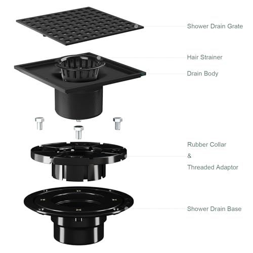 Image of Shower Floor Drain, 4 Inch Square Shower Floor Drain Kit with ABS Flange