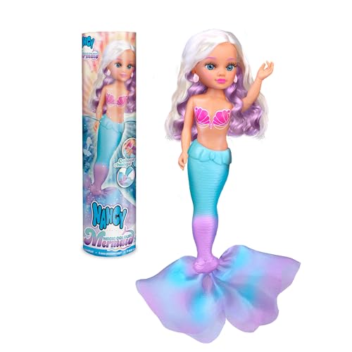 Nancy Magic Colour Mermaid, Muñeca 100% Sirena, Cola y Bikini Cambian de Color con el Agua, Melena Rubia con Mechas Moradas y Pendientes en Forma de Concha, Desde 3 Años
