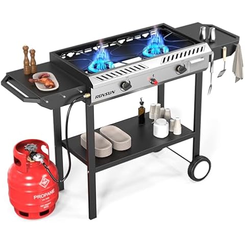 ROVSUN 2 Burner Outdoor Propane Gas Stove with Auto-ignition, Regulator & Side Shelves, 150,000 BTU Powerful Stand Cooker for Backyard Patio Cooking Home Brewing Canning Turkey Frying Cover