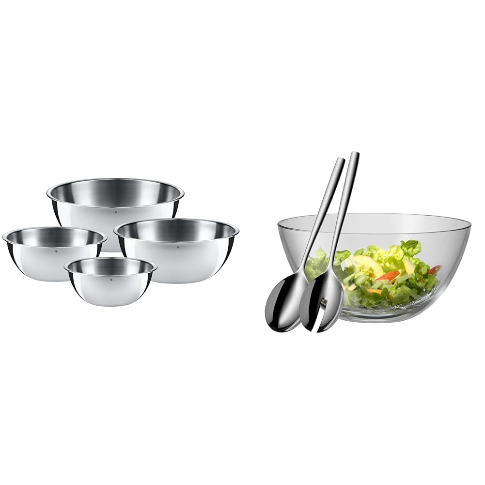 WMF Gourmet Schüsselset 4-teilig, Edelstahl Schüsseln für die Küche 0,75l - 2,75l & Taverno Salatschüssel Set 3-teilig, Salatbesteck 25 cm mit Salatschale, runde Schale 23,5 cm, Glas, 43 x 30 x 30 cm