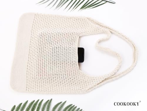 COOKOOKY Beach Tote bag Crochet Summer Beach Bag for Women Aesthetic Mesh Tote Bag Hippie Bag Knit Bag (B-Beige, Medium) — view 5