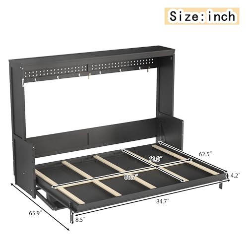 Image of KEIKI Queen Size Horizontal Cabinet Murphy Bed with Desk, Solid Slats, Gray