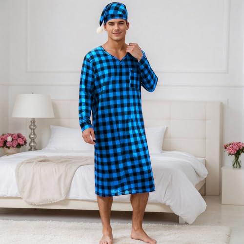 Pijama de hombre largo de cuadros con cuello en V y gorro ropa de descanso 2
