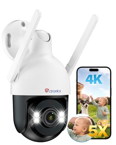 Ctronics 4K 5X Zoom Ottico Telecamera Wi-Fi Esterno, Metallo IP Videocamera 2.4/5GHz, Rilevamento Persone/Veicoli/Animali/Auto Track, 50M Visione Notturna a Colori, FTP/NVR, 256GB TF/Cloud/PC, IP66