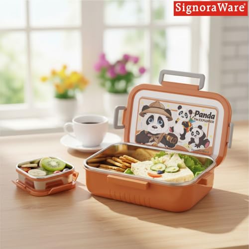 Image of SignoraWare Buster Stainless Steel Lunch Box | Airtight & Leakproof | Durable & Odorless | Ideal for Office, School & Travel Use | Easy to Clean & Carry (850ml + 130ml | Brown)