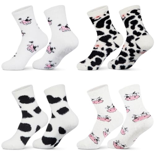 Foaincore 4 Pairs Fuzzy Cow Socks for Women Winter Cow Print Stuff Socks Cute Fluffy Cozy Funny Gifts for Women