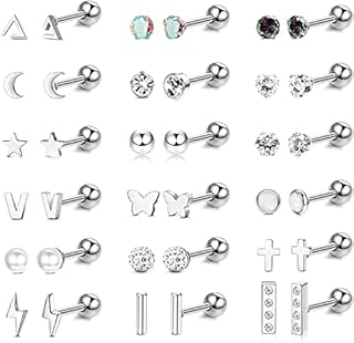 ADRAMATA 18Pairs 316L Stainless Steel Star Moon Stud Earrings for Women Mens CZ Inlaid Huggie Hoop Cuff Earrings Butterfly Clasp Buckle Screw Backed Flat Back Titanium Earrings Ear Piercing Set