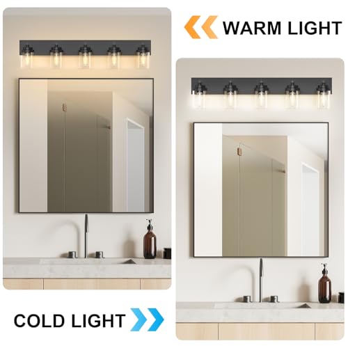 Image of IZORRO Bathroom Vanity Light Fixture, 5-Light 36 Inch Matte Black Bathroom Light Fixtures Over Mirror, with Clear Glass Shade, Modern Farmhouse Vanity Lights, Rustic Restroom Lighting Fixtures