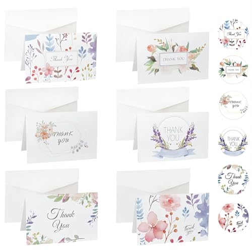 12 Pcs Floral Thank You Cards Mini Card With Envelope Blank Gift Card With Stickers For All Occasions Cards Folded Size 7 x 10cm