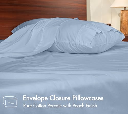 Image of RUVANTI 100% Cotton Percale Sheets California King - Crisp Cooling Summer Bed Sheets for Hot Sleepers, Deep Pocket 12 inch, Soft Peach Finish, Breathable & Durable Hotel-Style 4 Piece Set, Smoky Blue