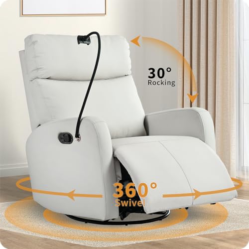 QKFF Swivel Rocker Recliner Chair for Nursery, Upholstered 360° Leather-air Glider Rocking Chair with Phone Holder, Manual Small Recliners for Small Spaces Living Room