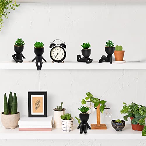 4 Pcs Fake Succulent With Ceramic Artificial Succulent Planter Pot For Home Decor, Cute Human Shaped Mini Pots For Office Desk Bathroom Decorations (Matte Black) #TOP5