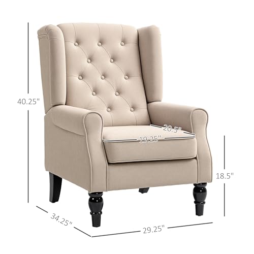HOMCOM-Mid-Century-Modern-Accent-Chair-High-Wingback-Chair-Button-Tufted-Upholstered-Fabric-Armchair-with-Retro-Wood-Legs-for-Living-Room-Bedroom-Beige HOMCOM Mid Century Modern Accent Chair High Wingback Chair Button Tufted Upholstered Fabric Armchair with Retro Wood Legs for Living Room Bedroom Beige