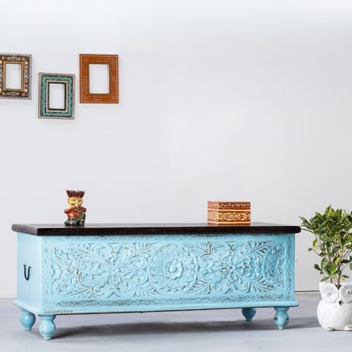 Image of Wifo Solid Wood Coffee Table for Living Room Wooden Trunk Box for Storage | Handcrafted Center Table for Living Room with Sandook Storage | Pitara for Bedroom (Blue Distress and Brown Top)
