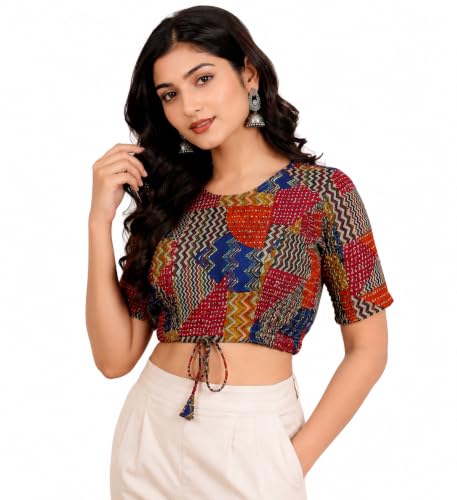 Image of Yash Gallery Women's Cotton Zig-Zag Printed Regular Regular Fit Short Sleeve Blouse