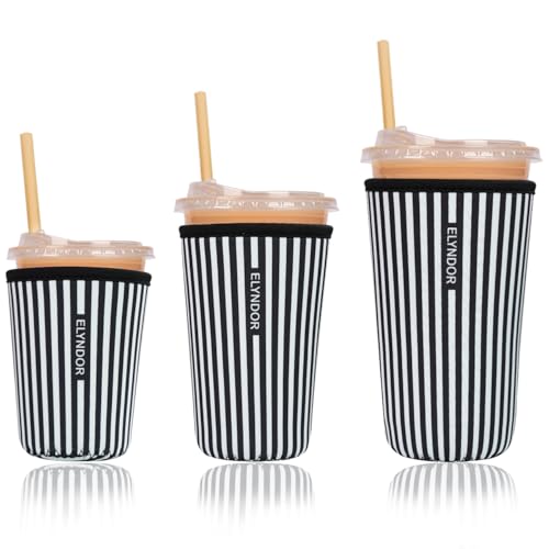 Image of Reusable Insulated Sleeve for Iced Coffee Cup, 3-Pack Coffee Neoprene Drink Sleeve for Cold & Hot Drinks, Beverage Holder for Iced Coffee (Black Stripes)