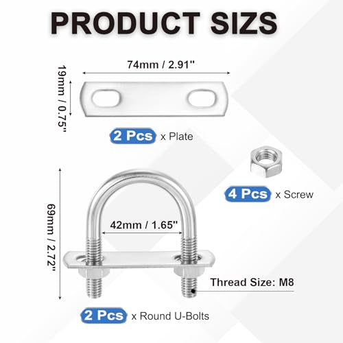 Image of PATIKIL Round U-Bolts, 2 Pcs 1.65 inch(42mm) Inner Width 69mm Length M8 with Nut Plate Washer 304 Stainless Steel Round Bend U-Bolts for Boat Trailer Axle Sailboat