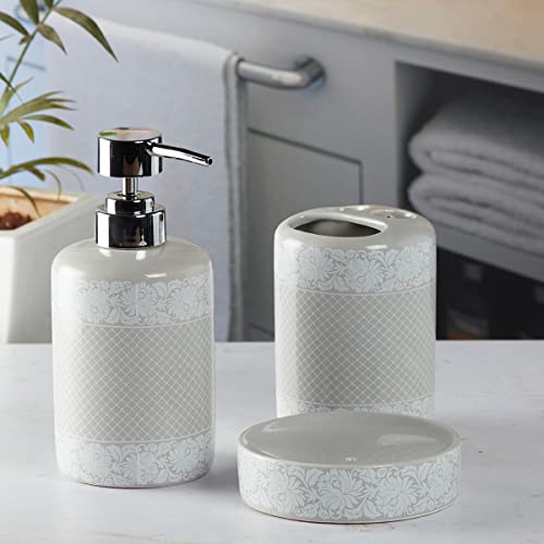 Image of SaSaSa Ceramic Bathroom Set of 3 Modern Bath Accessories Kit with Soap Dispenser, Toothbrush Holder & Dish - Stylish & Elegant Bathroom Decor, Grey /White (5766)