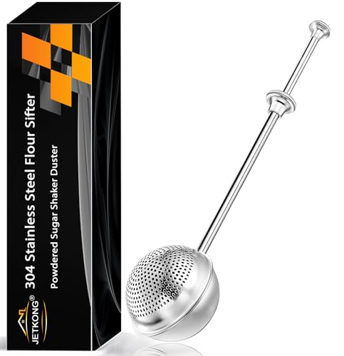Image of JETKONG Large Flour Duster for Baking, One-Handed Operation Sugar Sifter, 304 Stainless Steel Dusting Wand, Flour Sprinkler for Bread Baking (Large, Silver)
