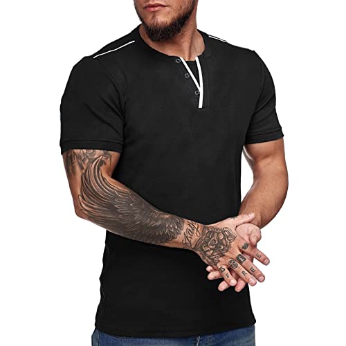 Beokeuioe Camiseta deportiva para hombre con cuello en V, corte ajustado, camiseta de verano, cuello en V, camiseta de manga corta, monocolor, A negro., M