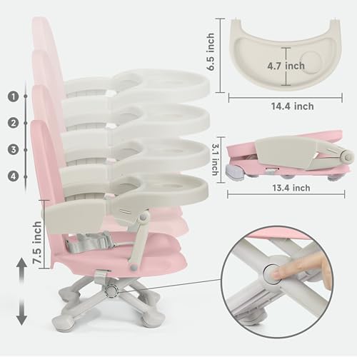Image of YOLEO Baby High Chair Booster Seat for Dining Table, Foldable High Chairs with Adjustable Heights, Travel Booster Seat with Removable Tray