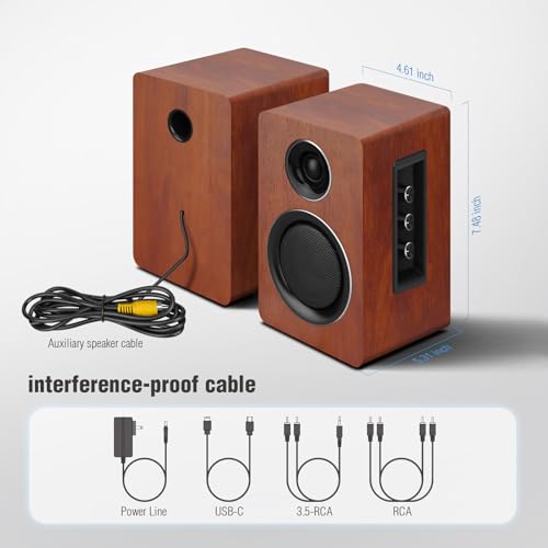 Computer Speakers for Desktop PC, Active Bookshelf Speaker with 3" Carbon Fiber Woofer and Silk Film Tweeter, Supports Bluetooth 5.3, USB-C, AUX/RCA Input for Record Player TV - Brown Stereo Set