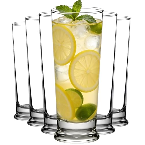 Ribbed 6 PCS Highball Glass Set, Elegant 11oz Tall Drinking Glasses Ideal for Mojito Whiskey Cocktails Perfect Bar Glassware Slim Cups Tall Water Glasses