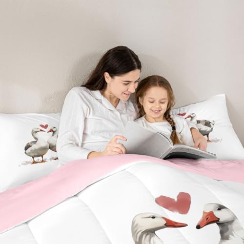 Image of Erosebridal Geese Valentine King Comforter Set Cartoon Ducks Bedding Set for Kids Teens Goose Duck Couple Decor Comforter Kawaii Farm Animals Quilt