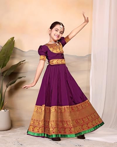 Image of Girls Silk Pattu Gown for Kids Traditional South Indian Long Ethnic Dress | Baby Girl Festival Pavadai Sattai Style Party Wedding Birthday Special Occasion Outfit