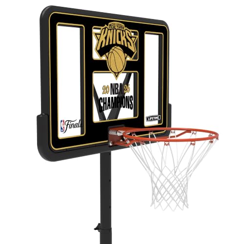 Image of Lifetime NBA New York Knicks Championship Edition Portable Basketball Hoop, Adjustable Height 7.5-10 Ft, 44 Inch Shatterproof Fusion Backboard, Base with Wheels