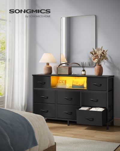 Miniatura 2 de SONGMICS Cómoda, Mueble TV con 8 Cajones de Tela, Luces LED y Enchufes, 113,8 x 30 x 68,1 cm, Negro Tinta, para Dormitorio y Salón, Colección Bellah LGS433BH02