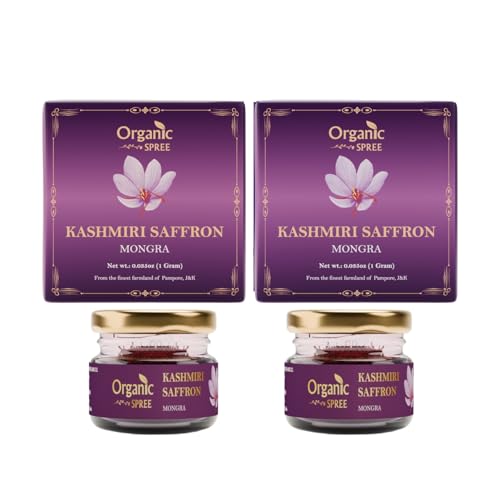 Organic Spree Kashmiri Saffron Kesar 1gm (0.035oz) Threads Pure and Natural l From the finest farmlands of Pampore, J&amp;K l Certified Grade A++ Mongra Saffron - Pack of 2