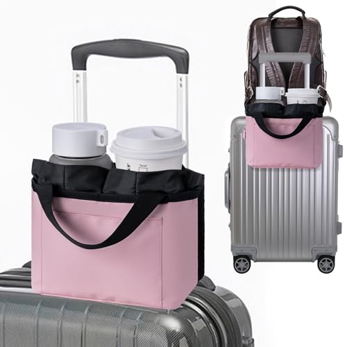 Luggage Cup Holder - Multifunctional Travel Caddy - Fits Suitcase Handles, Also, as a Stroller & Automotive Cup Holder - Pink