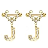 Godtemrow 2Pcs Gold Nipple Rings Name Letter Dangle for Women 14GA 316L Surgical Steel Cubic Zirconia Hypoallergenic Nipple Piercing Jewelry (J)