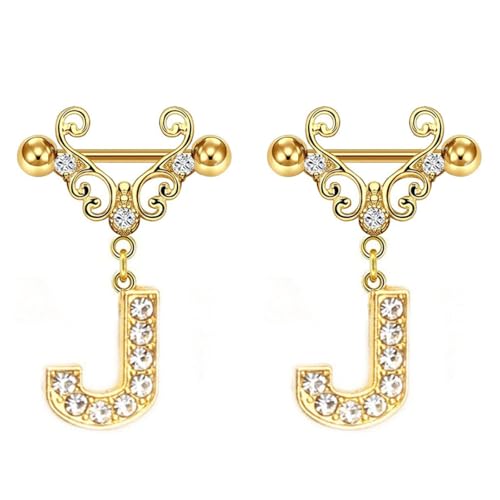 Godtemrow 2Pcs Gold Nipple Rings Name Letter Dangle for Women 14GA 316L Surgical Steel Cubic Zirconia Hypoallergenic Nipple Piercing Jewelry (J)