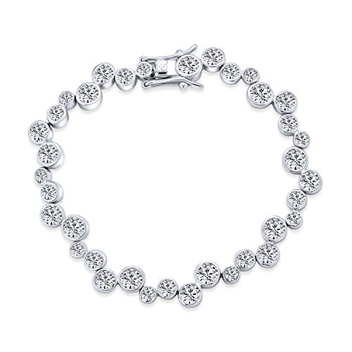 Modern Bride Bridal Zigzagged Staggered Geometric Cz Round Bezel Set Bubble Zirconia Tennis Bracelet Women Girlfriend Wedding, Prom Silver Plated 7 Inch #TOP1