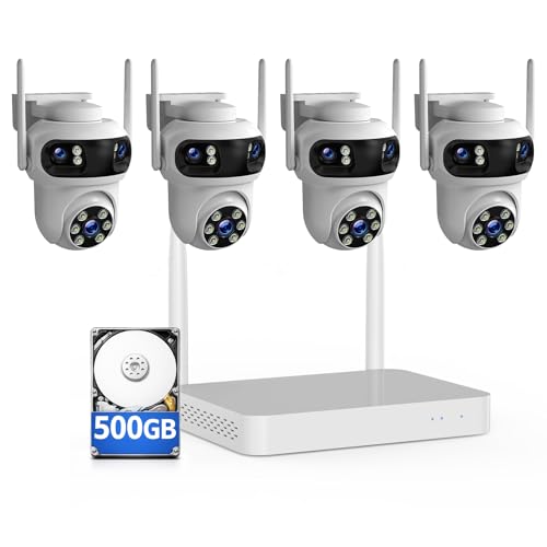 Camcamp Wireless Security Camera System Outdoor, Triple-Lens Security Cameras, 24/7 Recording, Auto Tracking, 10CH NVR with 500GB HDD, 360° PTZ, 2K Color Night Vision, No Monthly Fee, 4 Cam 12 Views