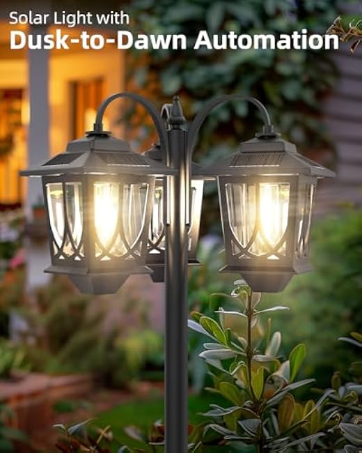 73 Aluminum Solar Lamp Post Light, 3-Head Pole Lights 90LM Waterproof - Auto Dusk to Warm White Dawn Floor Lamp for Outdoor Garden Pathway Replaceable Bulb