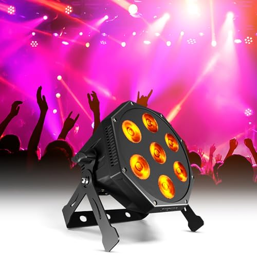 SHEHDS LED GlamoPar Lighting, 7x12w Stage Light, RGBWAUV 6in1 Color Mixing, Strobe Effect, Intelligent Start Stop, Temperature Control, DMX Contorl Sound Activated for Mini Concert, Home, School