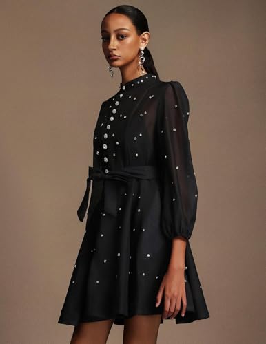 Elegant Black Rainstone Round Neck Long Sleeve Tie Waist Casual Dress4